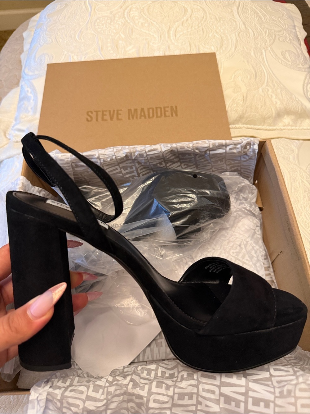 SOLD OUT Steve Madden Black Suede Strappy Block Heel Sandals - Picture 4 of 7